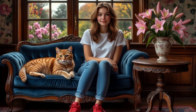 Коты хозяева жизни, девушка и кошка сидят на диване