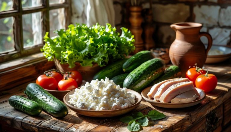 Свежие овощи, зелень и белковые продукты на деревянном столе