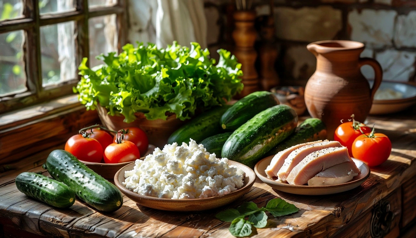 Свежие овощи, зелень и белковые продукты на деревянном столе