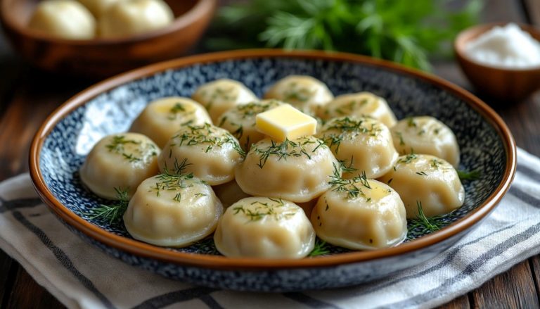 Горячие пельмени со сливочным маслом и свежей зеленью в глубокой глиняной тарелке
