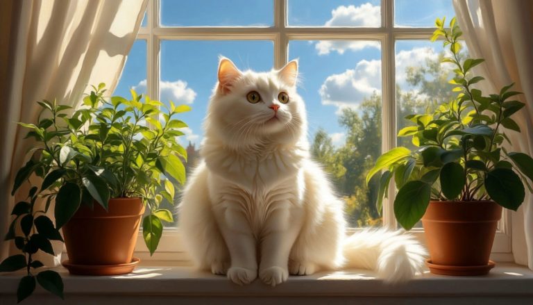 Кошка сидит на окне рядом с растениями