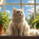 Кошка сидит на окне рядом с растениями