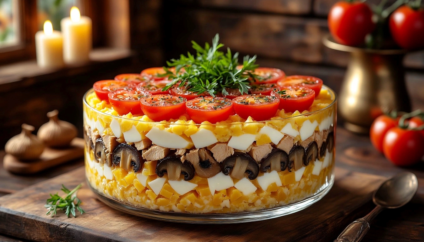 Слоеный салат Чикаго с копченой курицей, грибами и помидорами в стеклянной миске