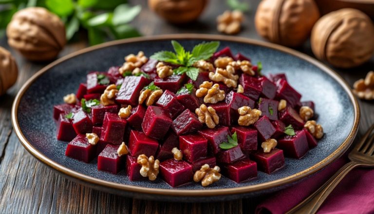 Измельченная свёкла с грецкими орехами и кинзой в глиняной тарелке