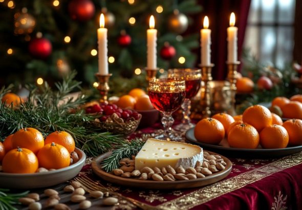 Праздничный новогодний стол со свежими закусками, зеленью и свечами для встречи 2027 года Огненной Козы