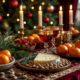 Праздничный новогодний стол со свежими закусками, зеленью и свечами для встречи 2027 года Огненной Козы