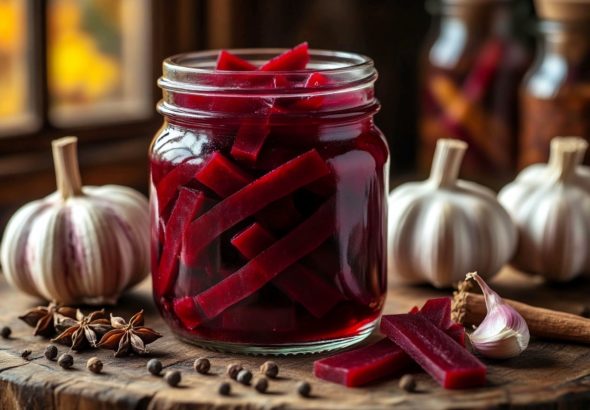 Маринованная закуска из свеклы со специями в стеклянной банке