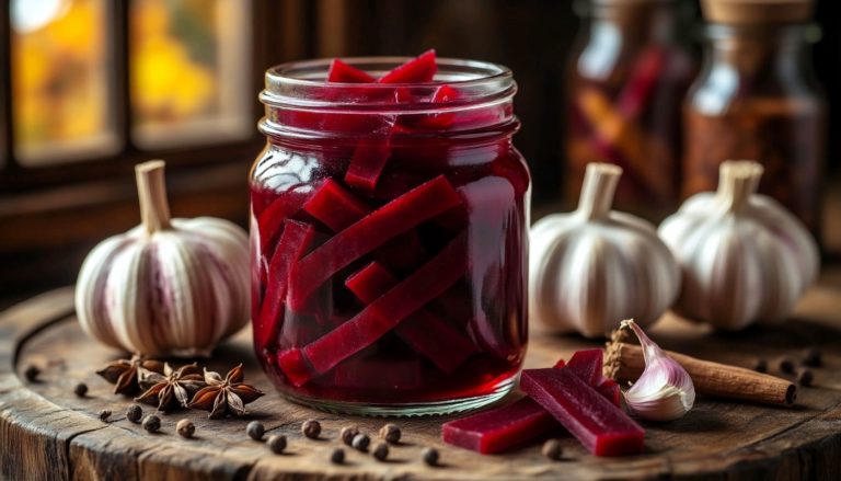 Маринованная закуска из свеклы со специями в стеклянной банке